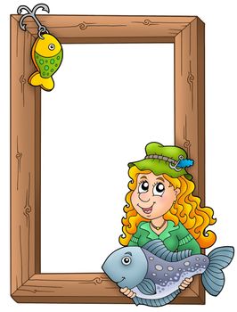 Wooden frame with fisherwoman - color illustration.