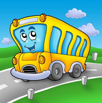 Yellow school bus on road - color illustration.
