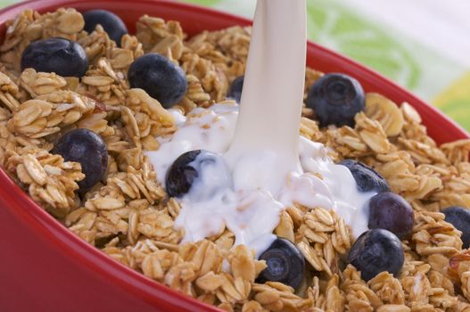 Milk being Poured into Bowl of Granola and Boysenberries