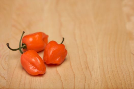 Three Orange Chili Peppers on a Wood Cutting Board. Room for Copy.