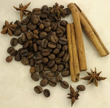 Coffee and spices on a marble background