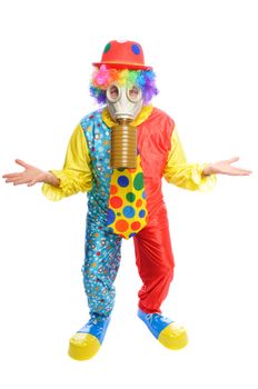 a man in a clown costume wearing a gasmask on a white background