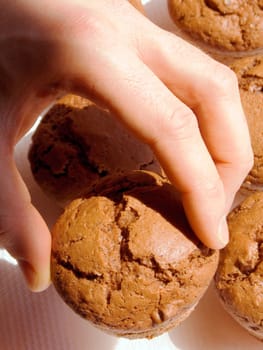 Hand picking up a chocolate muffin