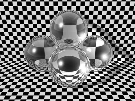 Three glass balls on checkerboard background. High resolution 3D render image