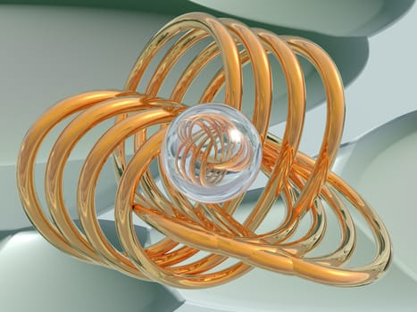 The abstract image of a gold spirals and a glass sphere. High resolution 3D background.