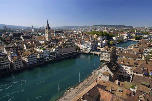 Cityscape of Zurich, Switzerland.  Taken from a church tower overlooking the Limmat River.
