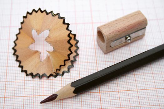 Wooden sharpener, shaving and pencil for plotting on a millimetric paper