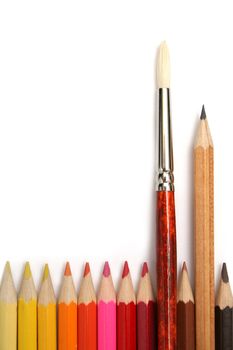 Art brush and simple pencil for plotting among colour pencils made of a tree