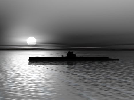 High resolution 3D render of submarine on a background of a sunset on the sea