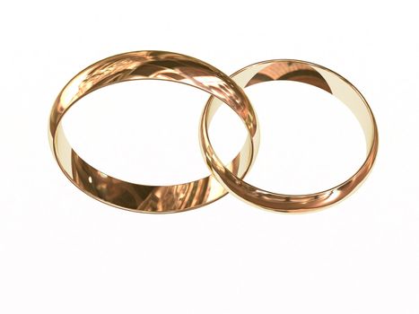 Two gold wedding rings on white chained together. High resolution 3D image.