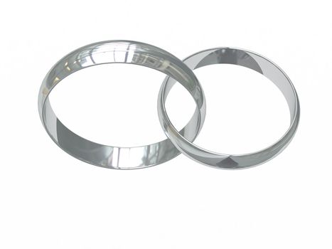 Two platinum or silver wedding rings on white chained together. High resolution 3D image.