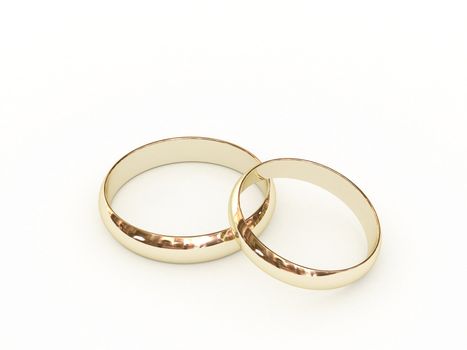 Gold wedding rings on white background. High resolution 3D image.