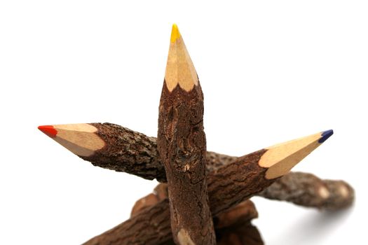 three pencils made of a natural tree on a piny cone 3