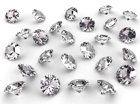 Several diamonds with realistic soft shadows on white. High resolution 3D image