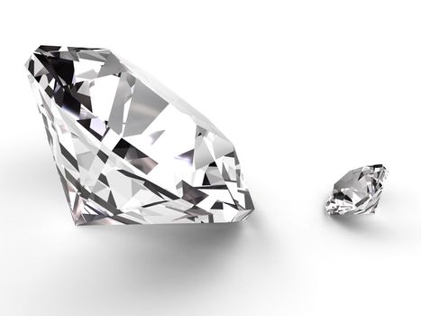 Big and small diamond rendered with soft shadows on white background. High resolution 3D image