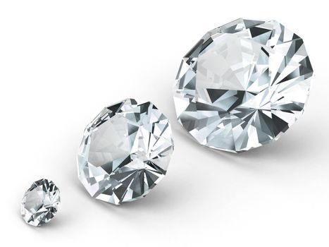 Three different diamonds on white background. High resolution 3D image rendered with soft shadows