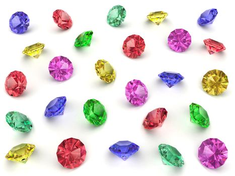 Several multi-coloured faceted gemstones rendered with soft shadows. High resolution 3D image