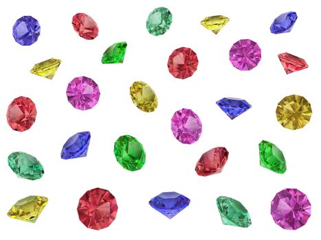 Several multi-coloured faceted gemstones isolated on white. High resolution 3D image