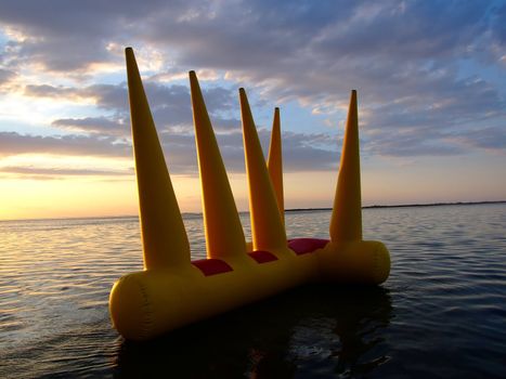 Greater bright inflatable toy on water on a sunset