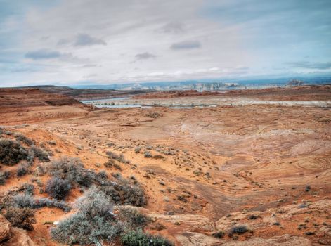 Scenic view of Glen canyon with Lake powell on the background  in Northern Arizona hdr processed