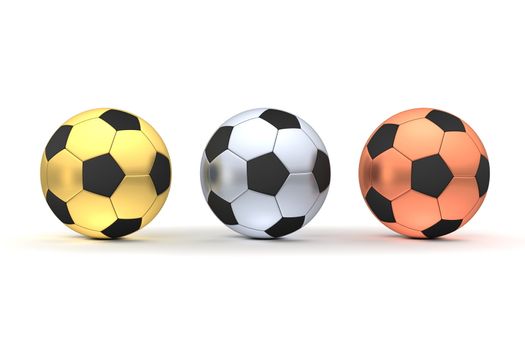 three footballs/soccer balls in a line - gold, silver, bronze