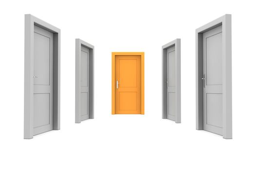 abstract hallway with closed gray doors - one closed orange door at the end of the corridor