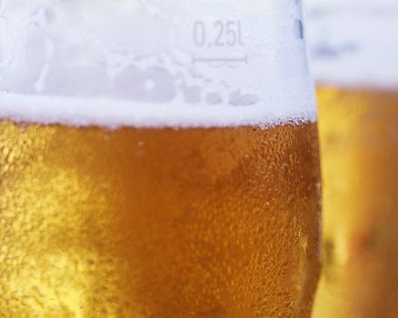 Two freshly served draft  beers in glasses with selective focus