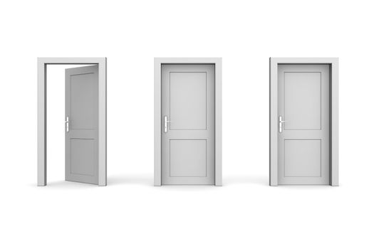 line of three grey doors - door and door frame, no walls - two doors closed, the left one is open