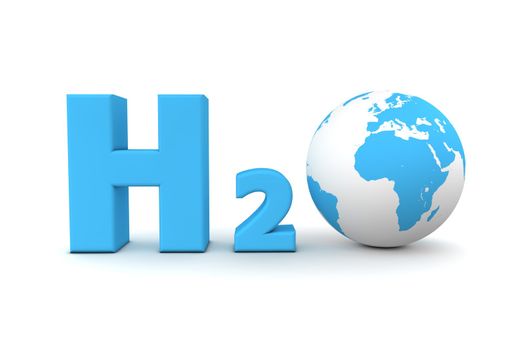 chemical symbol H2O for hydrogen oxide in light blue - a globe is replacing the letter o