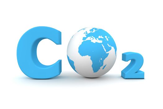 chemical symbol CO2 for carbon dioxide in blue - a globe is replacing the letter o