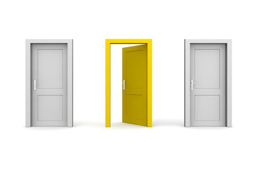 line of three doors - two grey and one yellow door - door and door frame, no walls - two doors closed, the yellow one is open