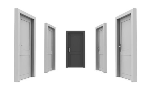 abstract hallway with closed gray doors - one closed black door at the end of the corridor