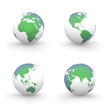 four views of a 3D globe with shiny green-blue continents and a white ocean