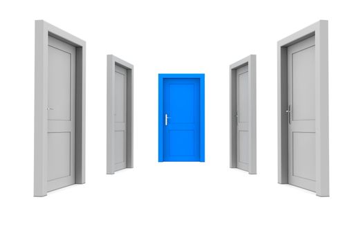 abstract hallway with closed gray doors - one closed blue door at the end of the corridor