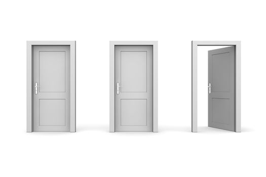 line of three grey doors - door and door frame, no walls - two doors closed, the right one is open