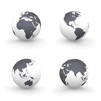 four views of a 3D globe with shiny black continents and a white ocean