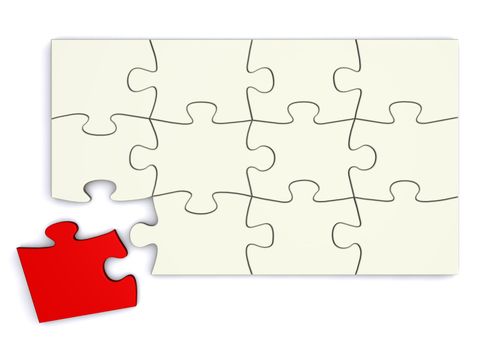 white puzzle with a separate red piece next to it - top view