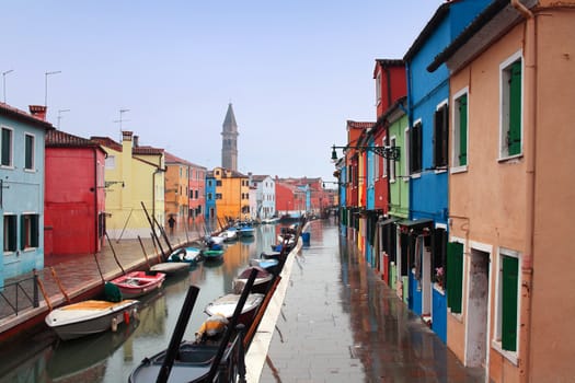 The bright pastel-coloured houses on Burano Island in the north of Venice's lagoon, Italy