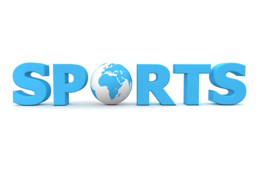 blue word Sports with 3D globe replacing letter O