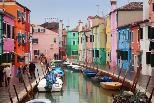 The bright pastel-coloured houses on Burano Island in the north of Venice's lagoon, Italy