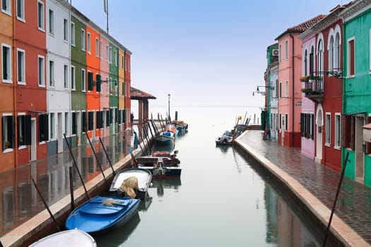 The bright pastel-coloured houses on Burano Island in the north of Venice's lagoon, Italy