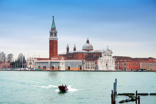 Fast boat in front of San Giorgio Maggiore Island, Venice, italy