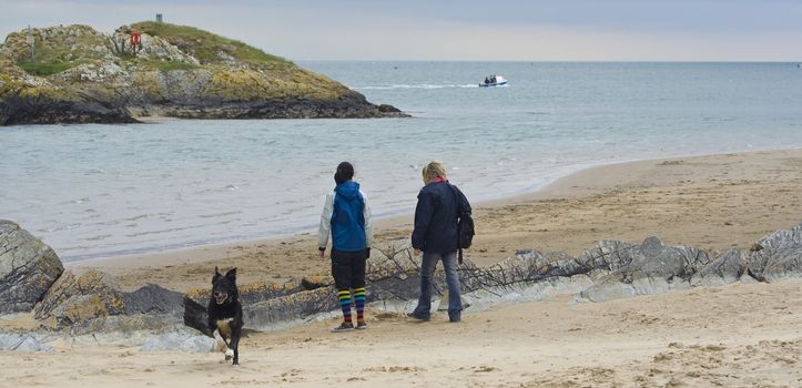 Two girls and their dog on the beach.