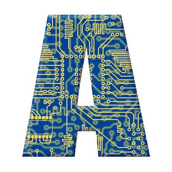 One letter from the electronic technology circuit board alphabet on a white background - A
