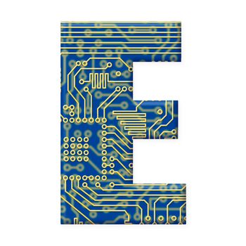 One letter from the electronic technology circuit board alphabet on a white background - E