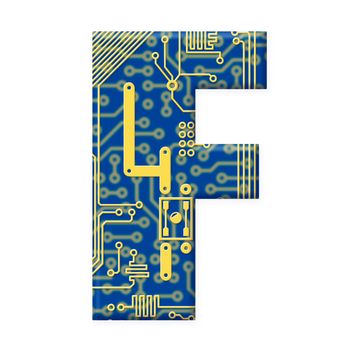 One letter from the electronic technology circuit board alphabet on a white background - F