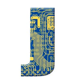 One letter from the electronic technology circuit board alphabet on a white background - J