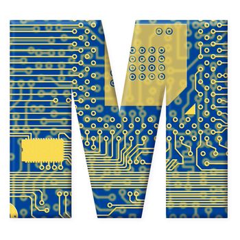 One letter from the electronic technology circuit board alphabet on a white background - M