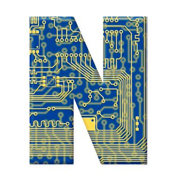 One letter from the electronic technology circuit board alphabet on a white background - N