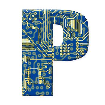 One letter from the electronic technology circuit board alphabet on a white background - P